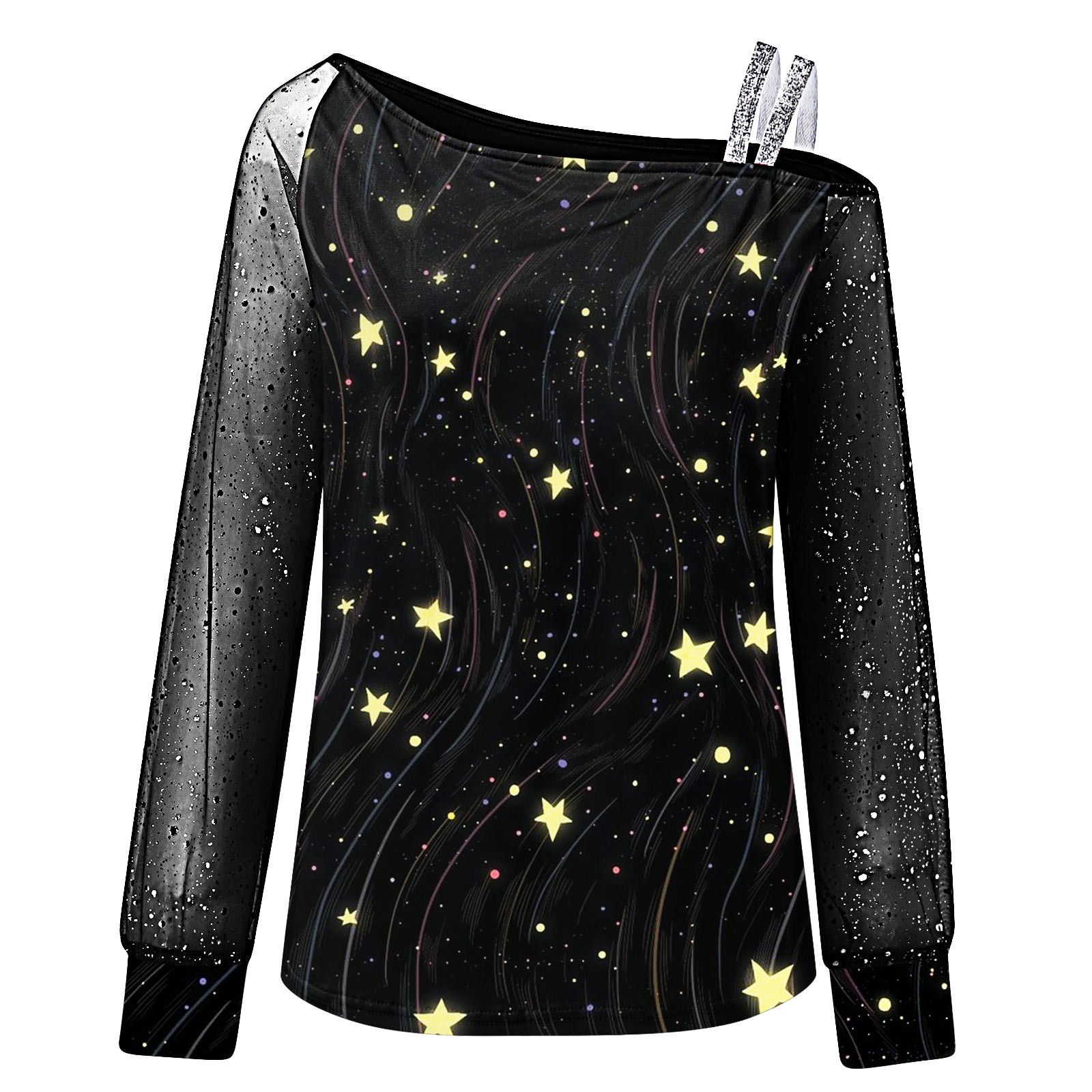 thumbnail image 4 of Top de manga larga con hombros descubiertos y malla para mujer - Blusa con estampado de lentejuelas - Moda informal para fiestas y salidas, 4 of 4